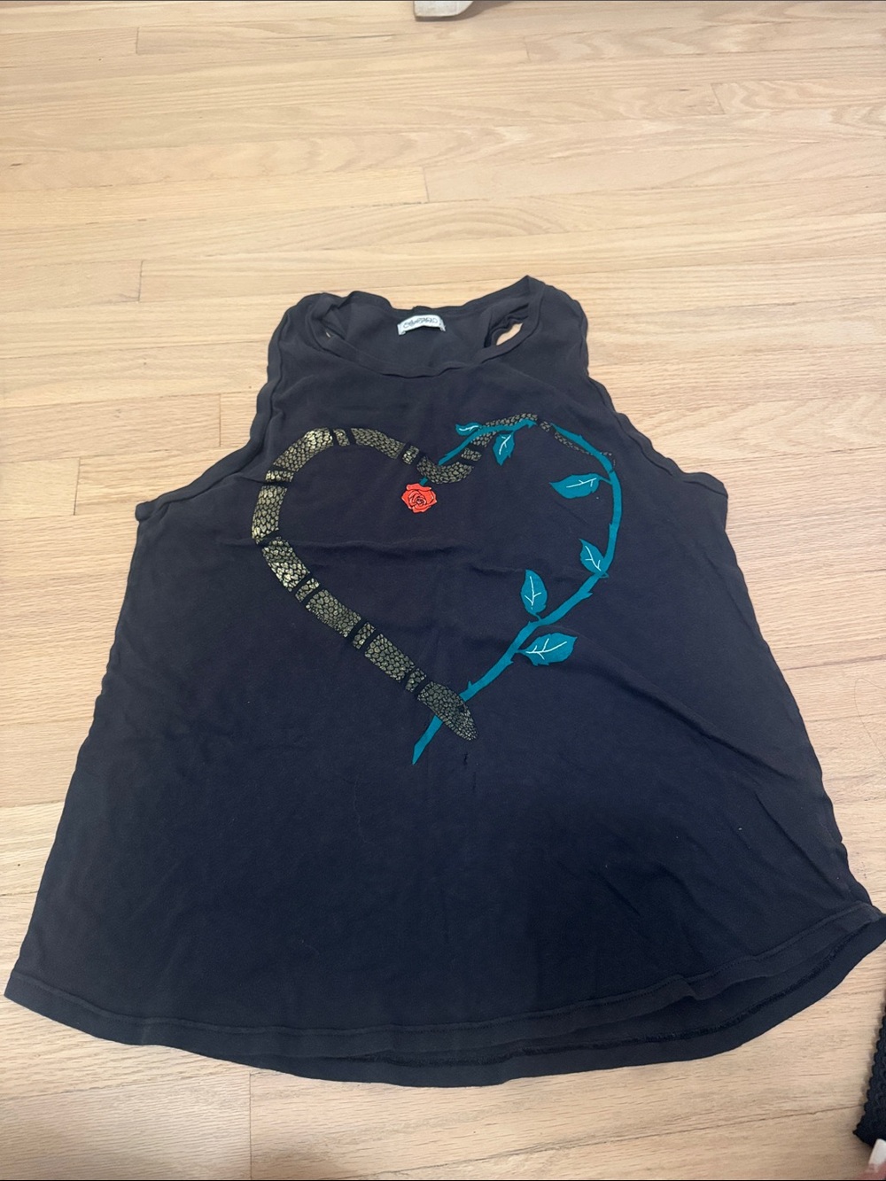 Lauren Moshi Black Tank with Gold Snake, Teal Vine & Red Rose